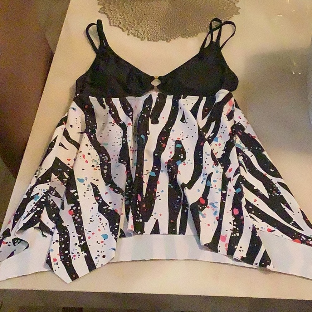 Colorful swim top asymmetrical looks like splattered paint size L